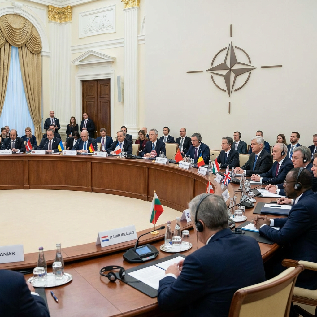 Diplomats from various countries seated at a round table for a NATO summit meeting.