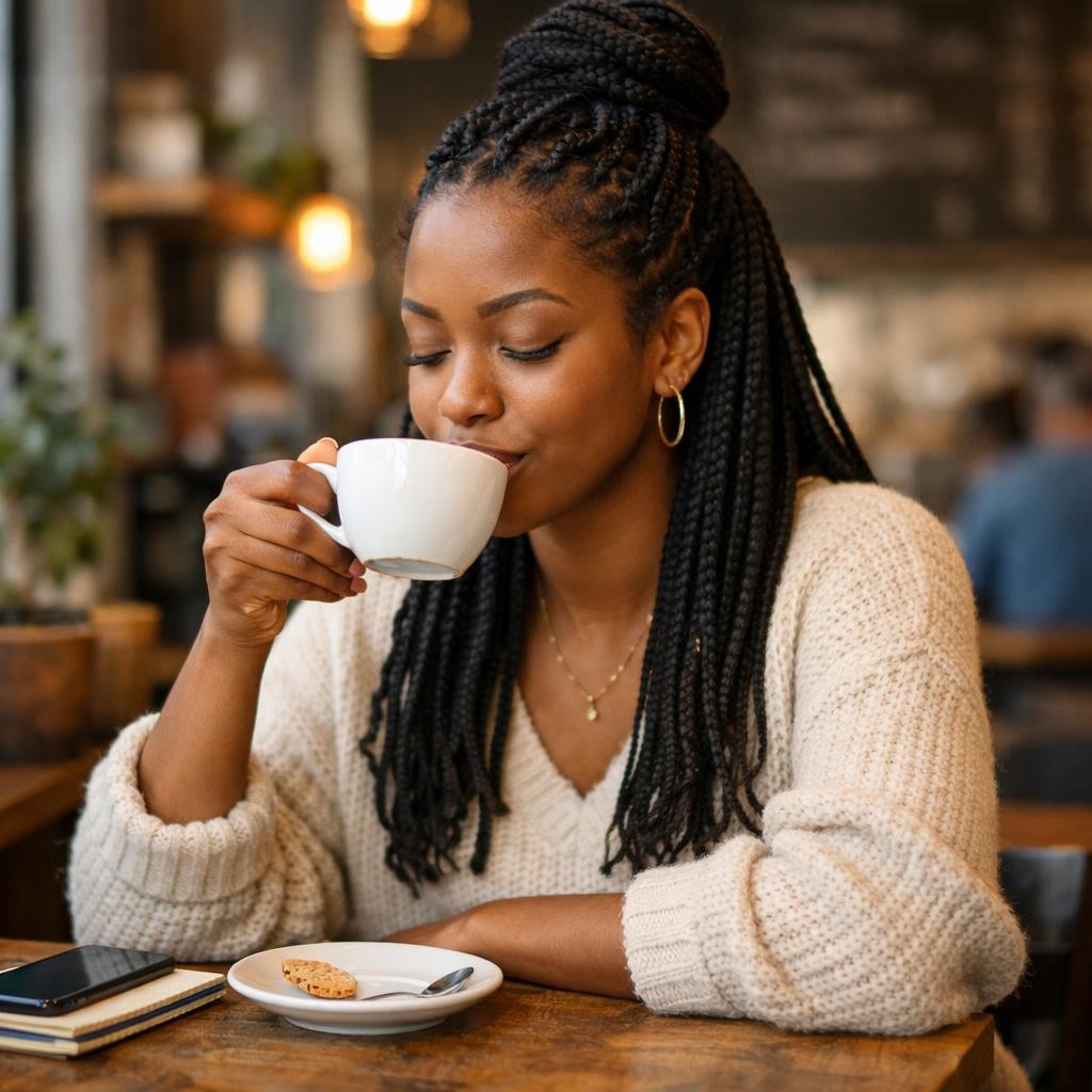 Woman drinking coffee at a wooden table in a cafe