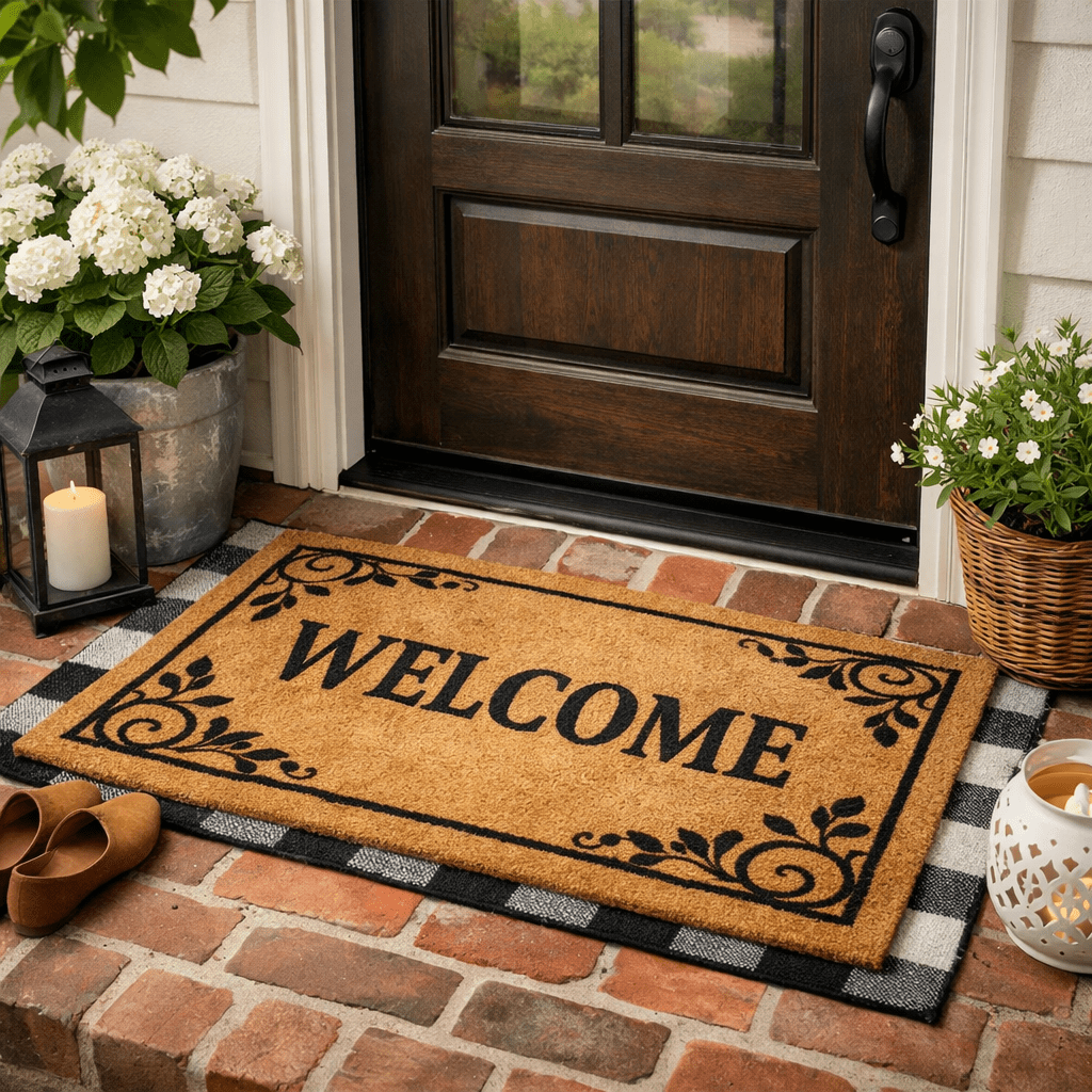 'WELCOME' doormat on brick porch with plants and lantern