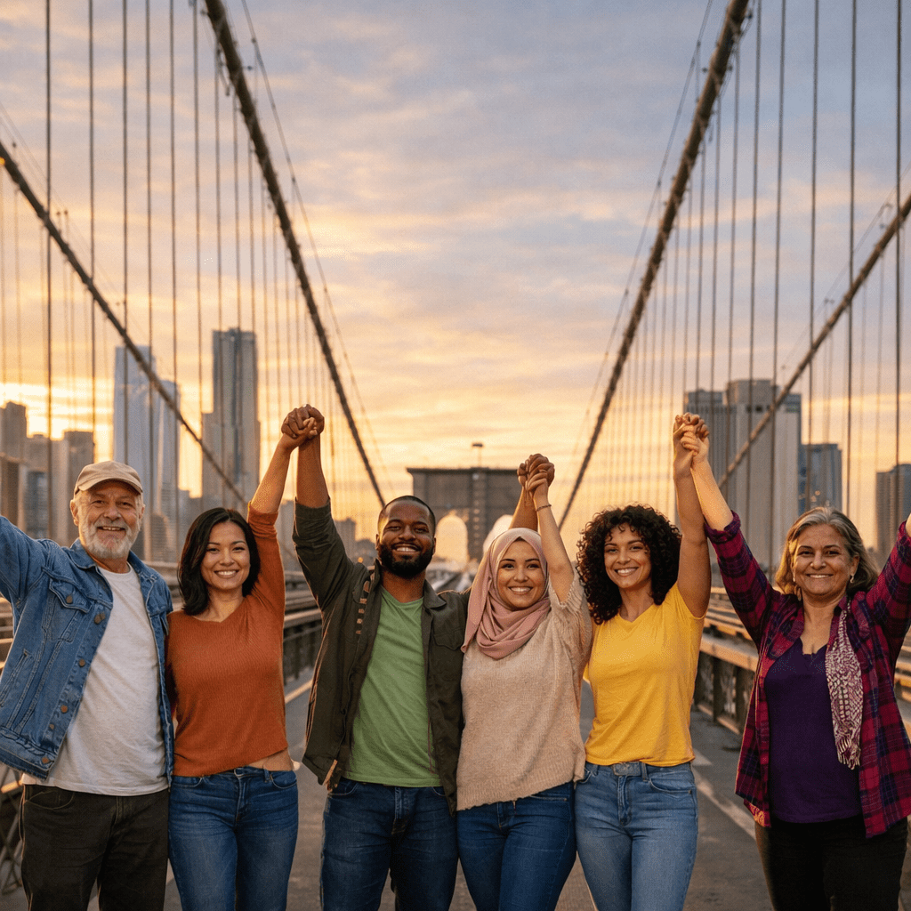 Six diverse people standing on a bridge holding hands with text 'UNITED FOR A BETTER FUTURE' above them