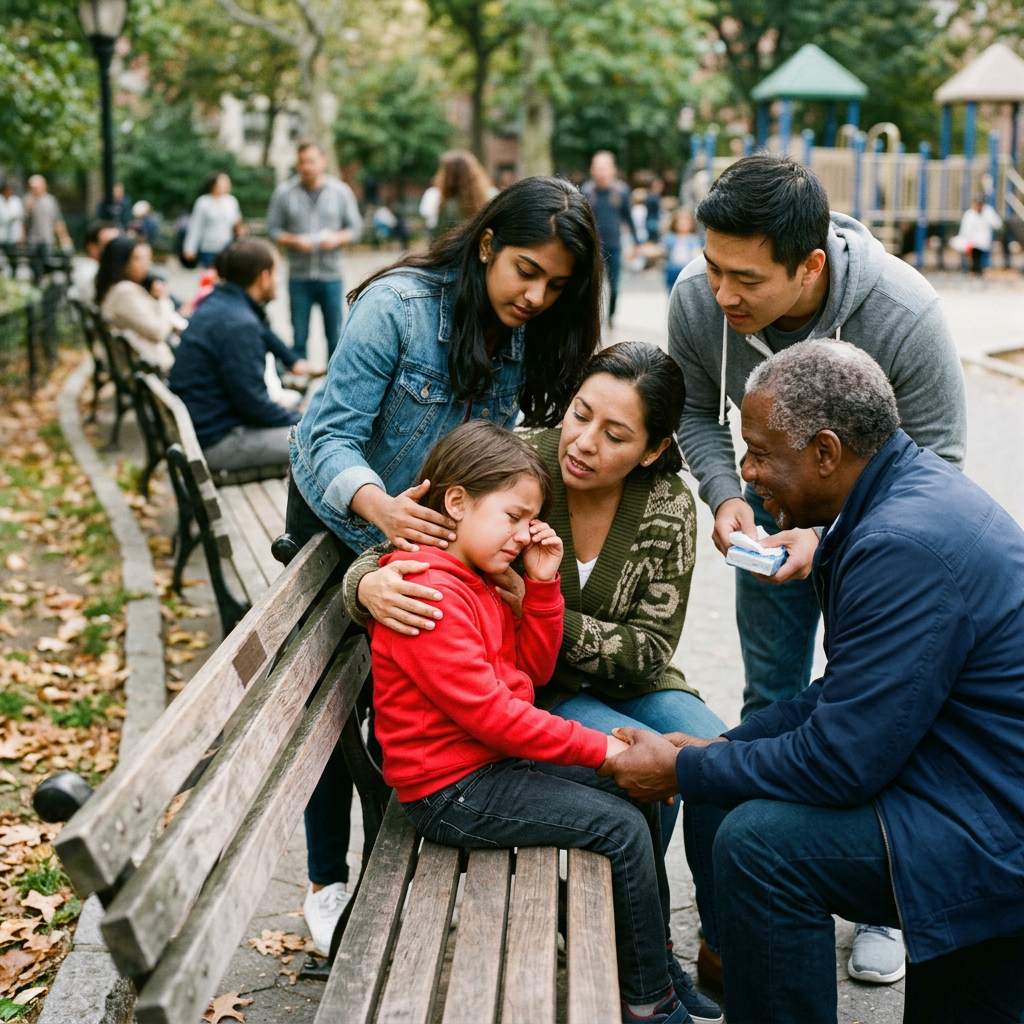 A child in red hoodie crying on a park bench while surrounded by four concerned adults