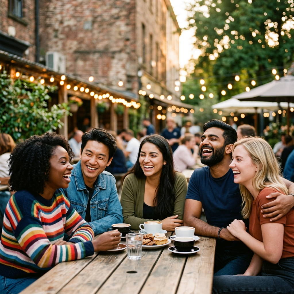 Five friends sitting at a wooden table outdoors with coffee cups and pastries, smiling and laughing together.