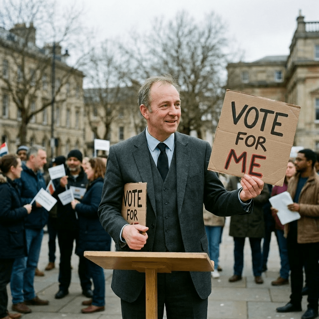Man in suit holding 'Vote for Me' signs at outdoor rally