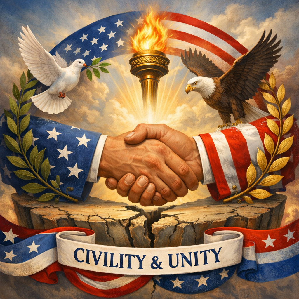 Two hands shaking with American flag sleeves, torch, dove, eagle, and laurel wreaths