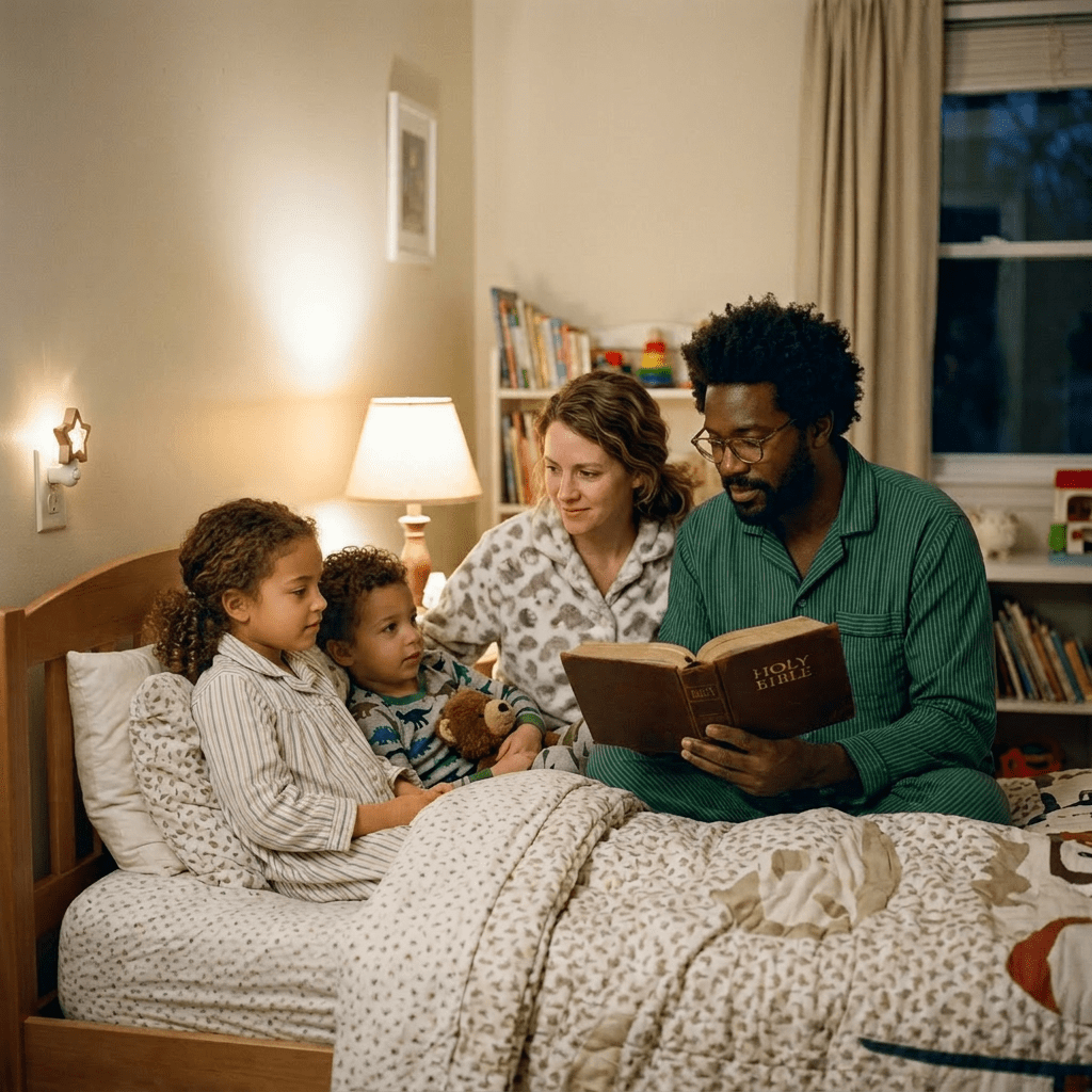 Father reading the Holy Bible to two children and mother gathered on a bed.