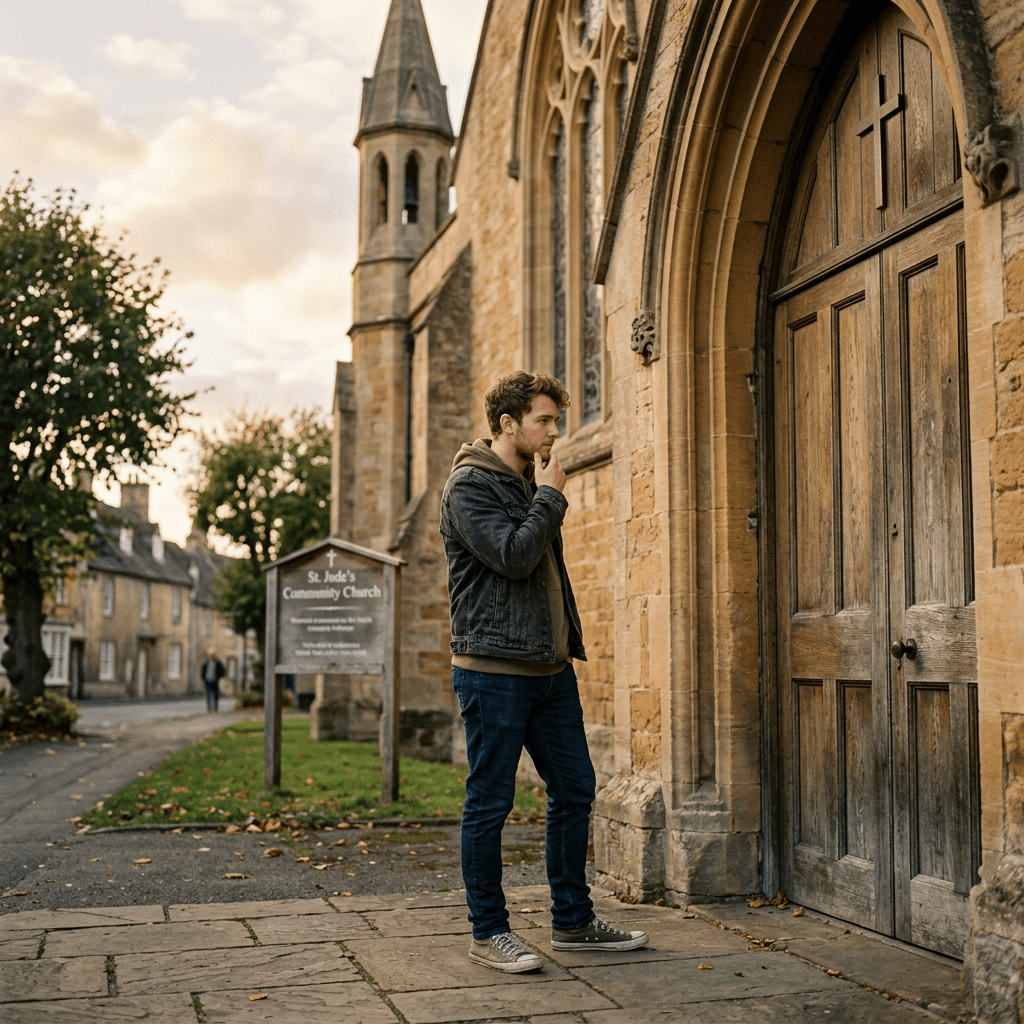 Young man standing pensively at the wooden door of a stone church building